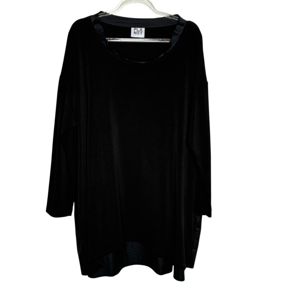 Planet By Lauren G Black Blouse One Size Lagenlook Boxy Microfiber Front‎ Cotton